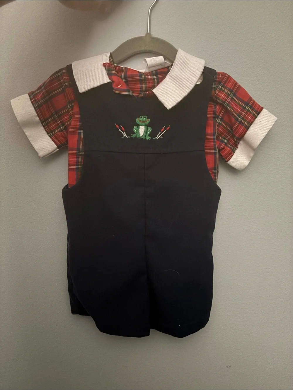 Kids Navy Jumper with Red Plaid Shirt and Frog Embroidery